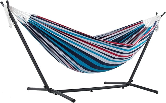 Vivere Double Cotton Hammock with Space Saving Steel Stand, Upgraded Polyester End Strings 450 lb Capacity - Premium Carry Bag Included (Denim)