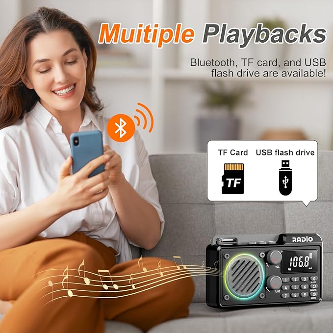 Portable Radio AM FM 1500mAh Rechargeable with Best Reception, Transistor shortwave Radio Wireless Bluetooth Speaker, with Large LCD Screen, Support TF Card U Disk, Earphone, Sleep Timer (Black)