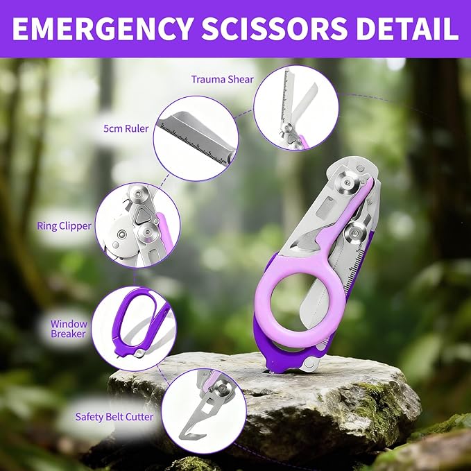 Folding Trauma Shears for EMT Accessories, 6 in 1 Multi-function Medical Shears with Holster for Outdoor Camping, Emergency Rescue, First Responders (Purple)