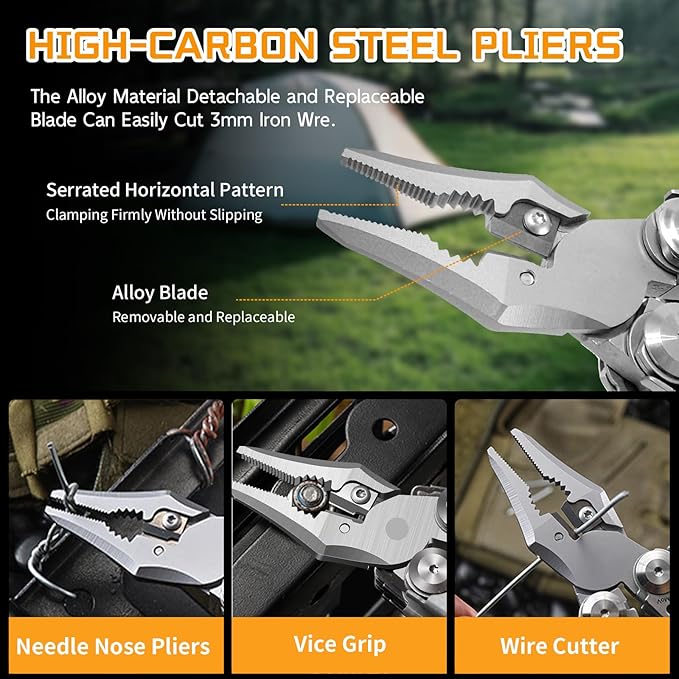 23-in-1 Multitool Pliers with Scissors,Window Breaker, Saw, Screwdrivers,Rope Cutters,Flint, High-carbon Steel Multi Tool with Carrying Pouch Ideal for Camping Survival and Gift for Him Dad Men