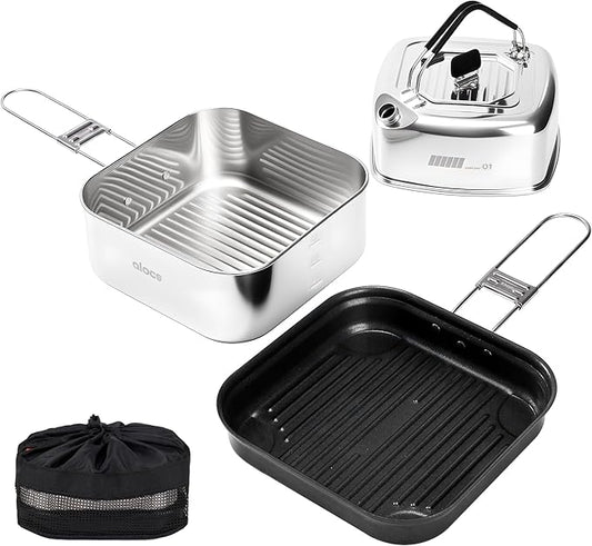 ALOCS Camping Cookware Set, Stainless Steel Pot, 7-inch Non-Stick Pan, Portable Kettle, Outdoor Cooking System with Carry Bag for Kitchen, Picnic, Hiking, Backpacking,Fishing and Campfire