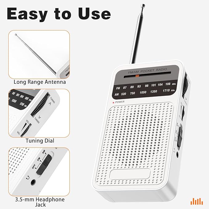 Portable Radio AM FM with Best Reception, Goodes Transistor Radio with Loud Speaker, 2AA Battery Operated, Headphone Jack for Indoor, Outdoor and Emergency Use - White