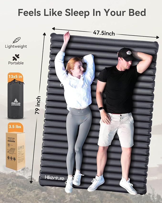 Hikenture Double Sleeping Pad for Camping, Ultralight 4" Extra-Thick Camping Mattress 2 Person, Inflatable Backpacking Sleeping Mat, Hiking Air Mattress for Tent (Grey Pumpsack 79x47.5in)