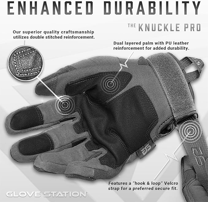 Glove Station Tactical Gloves for Men – Touchscreen Utility Gear with Hard Knuckle Protection Used in Motorcycle, Airsoft, Combat, Police, Shooting & Outdoor Work Gray - Hard Knuckle Large