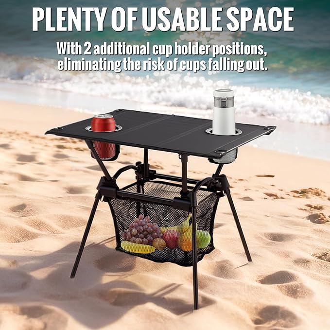 GARLLEN Folding Camping Table, Ultralight Compact Beach Table with Fabric Tabletop, Portable Folding Picnic Table with Cup Holder & Storage Net for Sand, Camping, Outdoor, 23.2“L x 15.7”W