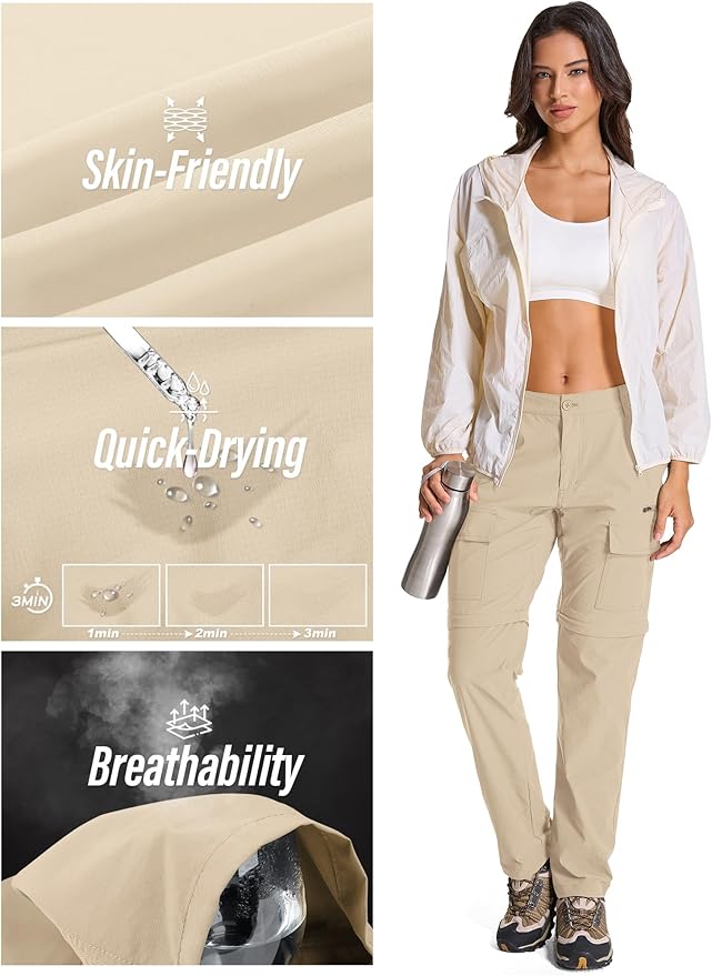 Womens Hiking Pants Convertible Quick Dry Stretch Lightweight Zip Off Outdoor Safari Pants with Cargo Pockets