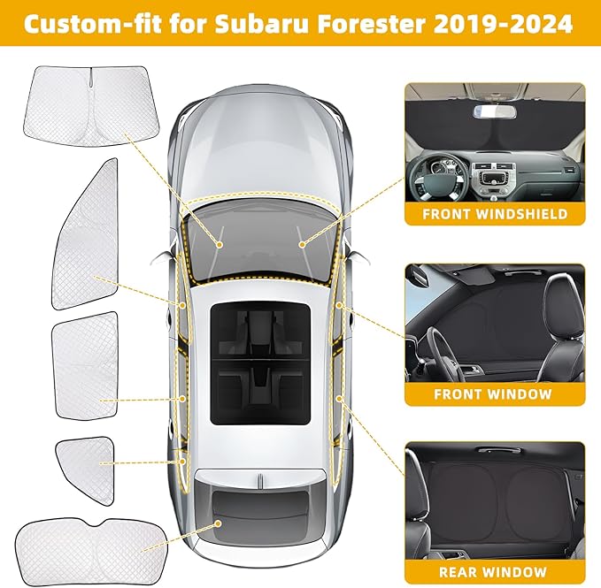 ZATOTOO Car Window Shades Forester 2019-2024 Custom Sun Shades Full Set | Front Side Rear Triangle Window Covers | Total Blackout Privacy UV Protection | Heat Blocking for Camping Napping Long Parking