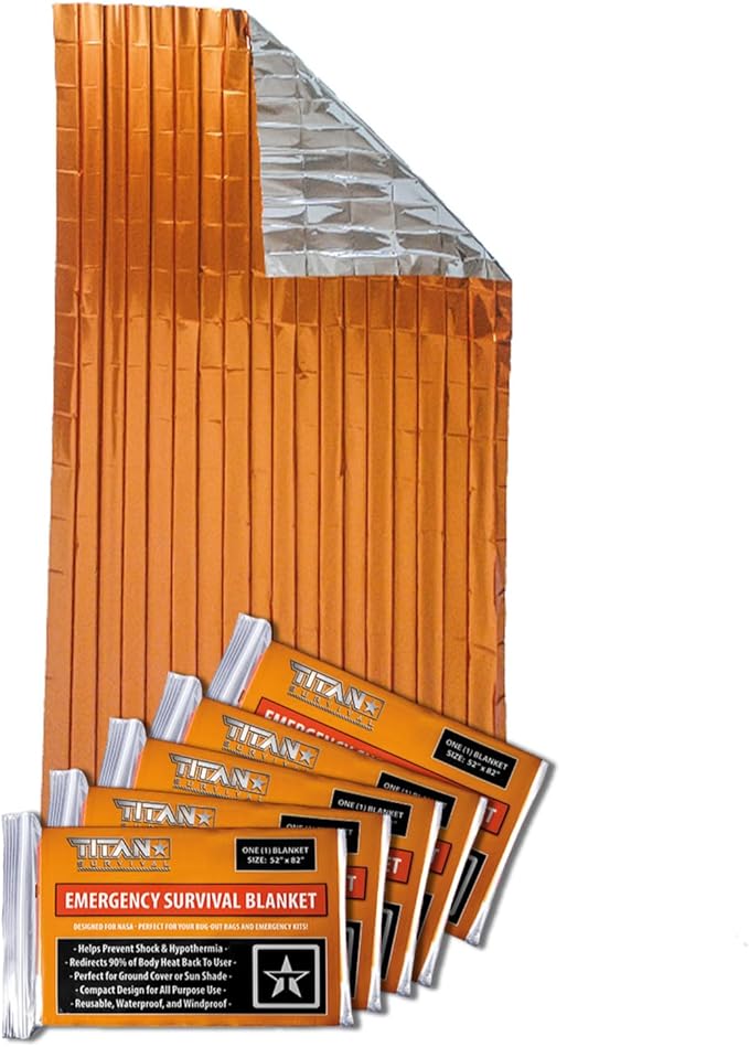 TITAN Survival Premium Mylar Survival Blankets (5 Pack) Thermal Emergency Survival Blanket for Camping, Hunting, Hiking - 90% Heat Retention & Waterproof - Portable Space Blanket w/Size Options