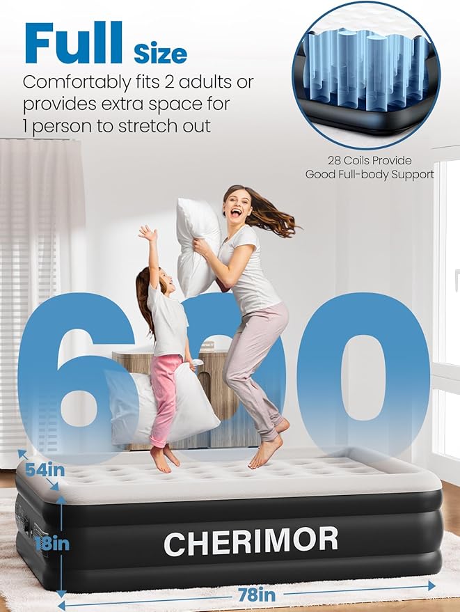 CHERIMOR Full Size Air Mattress with Built-in Pump, 18" Raised Comfort, 48Hr Leak-Proof Test, Upgraded Honeycomb Pillar Design, Supports 600 lbs, 2.5-Min Inflation for Home Guest Room Camping