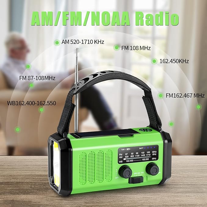 10000mAh Hand Crank Emergency Radio, NOAA Weather Radio with AM/FM & solar Radio, Rechargeable Battery, Flashlight & Reading Light, SOS Alarm, Compass Cell Phone Charger for Indoor Outdoor Emergencies