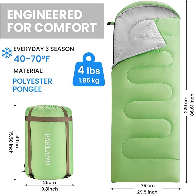 FARLAND Sleeping Bags for Adults Teens Kids with Compression Sack Portable and Lightweight for 3-4 Season Camping, Hiking,Waterproof, Backpacking and Outdoors