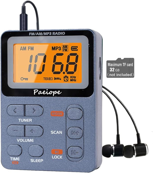 Portable Radio AM FM, Rechargeable Pocket Walkman with Best Reception Digital Tuning, MP3, Stereo Earphone, Large LCD Screen, TF Card Socket, Transistor Radio for Jogging/Gym/Camping(Blue)