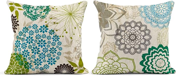 Set of 4 Linen Throw Pillow Cover Case Sparklers Floral Patterns Decorative Pillow Cases Covers Home Decor Square 20 x 20 Inches Pillowcases
