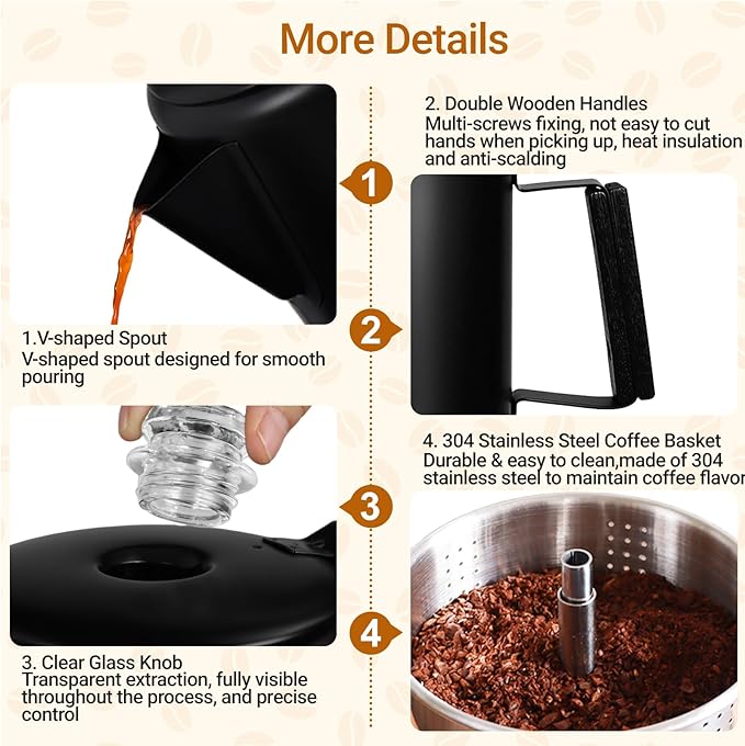 No Coating 6 Cup Percolator Coffee Pot 304 Stainless Steel Moka Pot Stovetop Espresso Maker Italian Greca Cuban Machine 1000ml 33.8oz Suitable for Gas Induction Stovetop Camping Kettle