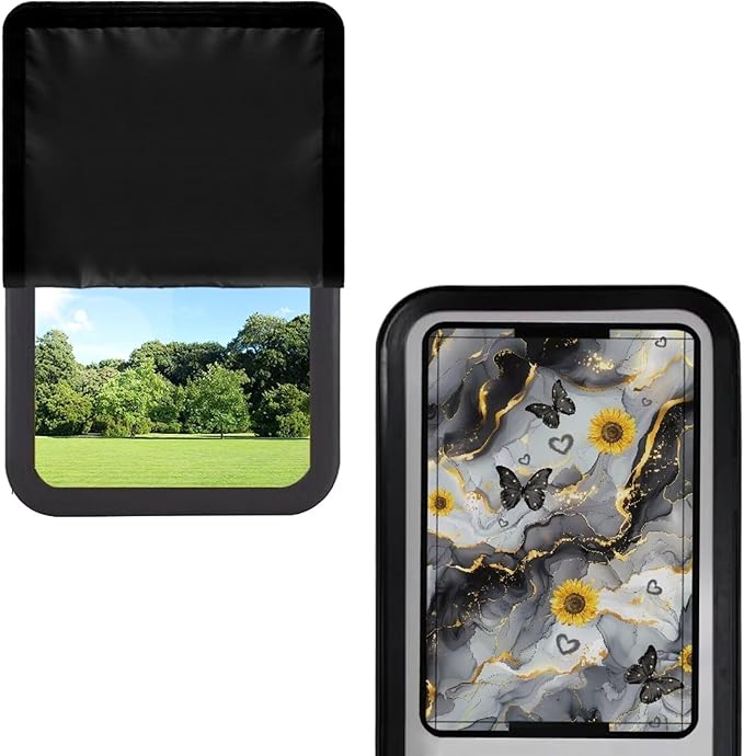 RV Door Window Shade Cover, Black Marble Sunflower Lightweight Camper Car Sunshade Privacy Window Cover, UV Rays Protection for Outdoor Camping Travel