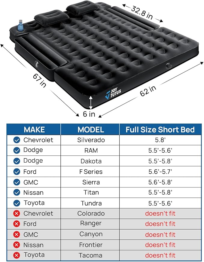 JOYTUTUS Truck Bed Air Mattress for 5.5-5.8Ft,Full Size Short Beds for Pickup Outdoor Camping,Truck Tent Accessories with Carry Bag & Cup Holder & Cavity Design,Black