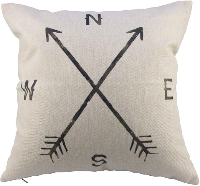 Leaveland Magic Arrow Compass North South West East 18x18 Inch Cotton Linen Square Throw Pillow Case Decorative Durable Cushion Slipcover Home Decor Standard Size Accent Pillowcase