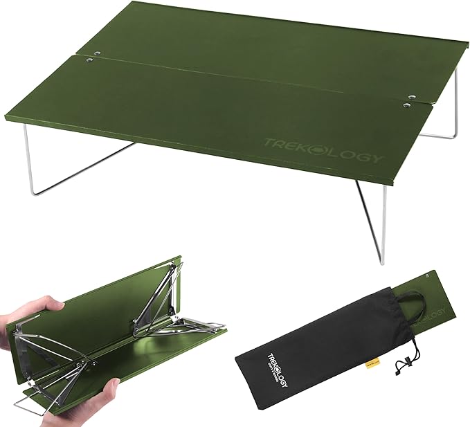 TREKOLOGY Compact Mini Camping Table – Portable, Ultralight, Folding Design – Small, Lightweight Surface for Hiking, Backpacking, Beach, or Nightstand Use – Collapsible Outdoor Gear (Green)