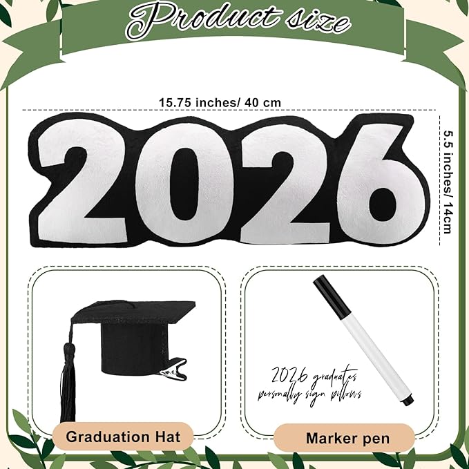 Beeveer Class of 2026 Autograph Stuffed Pillow 15.7" Graduation Autograph Stuffed Pillow Graduation Guest Signature Gifts Grad Party Sign in Decor for High School College(Black,Classic)