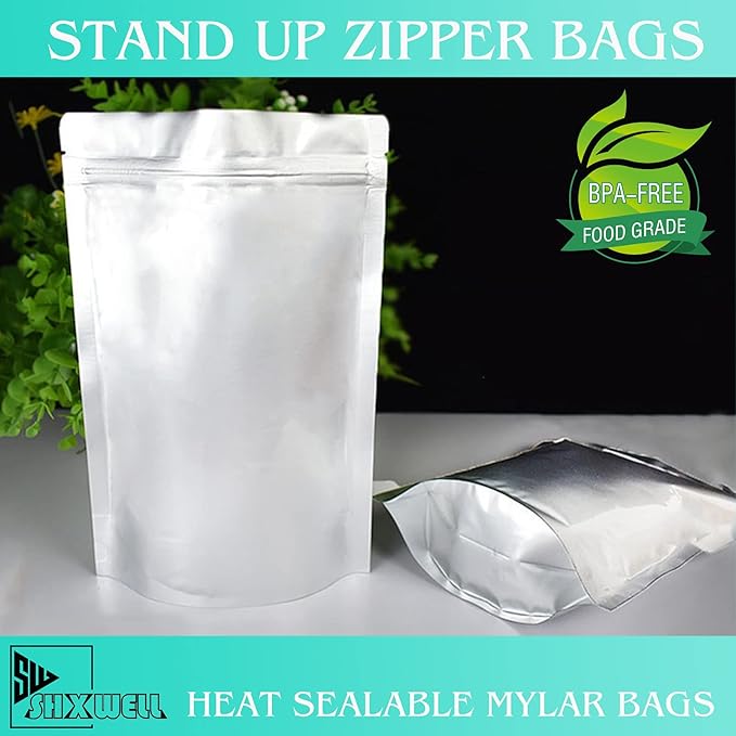 SHXWELL 50pcs 1 Quart Mylar Bags for Food Storage, 7"x10" 10 Mil Stand-Up Zipper Pouches Resealable and Heat Sealable for Long Term Food Storage(7"x10", Extra Thick)