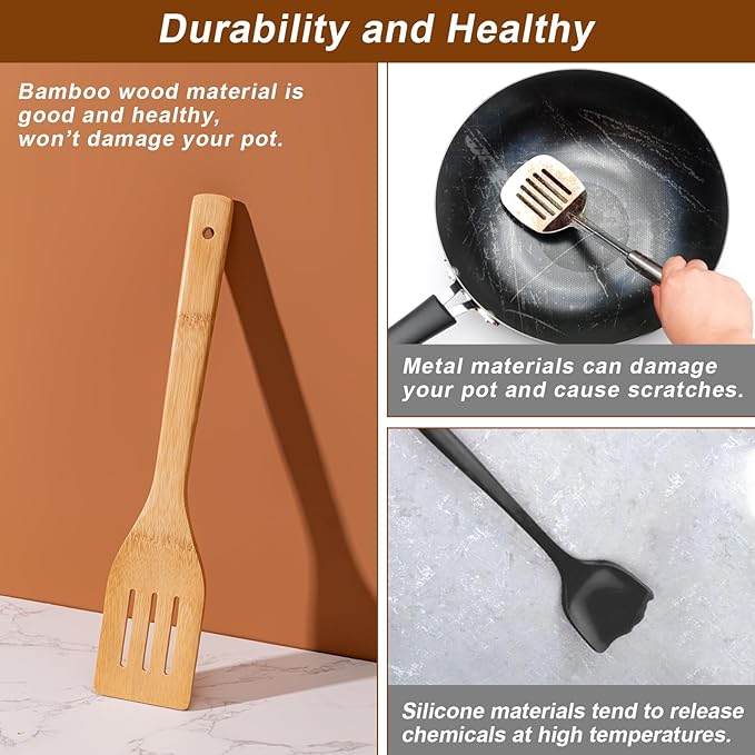 Eisinly Wooden Spoons for Cooking 7-Piece, Kitchen Nonstick Bamboo Cooking Utensils Set, Durability Wooden Spatula Spoon for Everyday Use, Smooth Edge