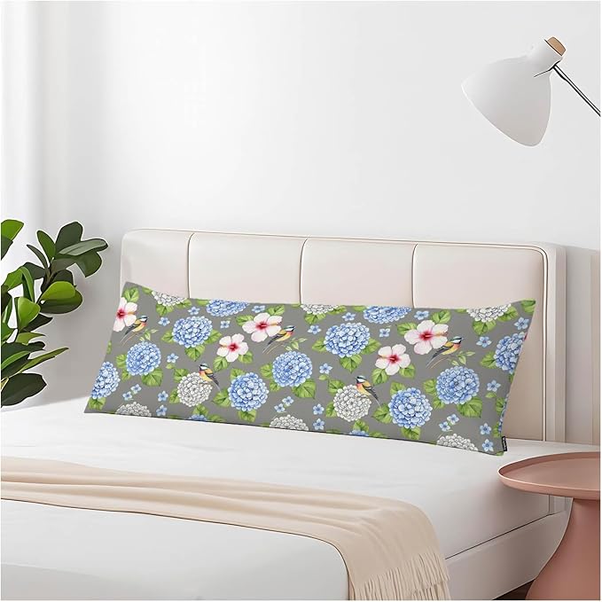 Couch Body Pillow Cover Hummingbird Bedding Body Pillow Case for Men Women, Blue Hydrangea Oblong Pillow Covers Throw Body Cushion Cases for Home Sofa Livingroom 20"X 54"