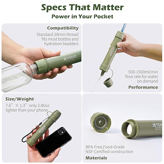 Survival Water Filter Straw - Portable Personal Water Purifier for Hiking, Camping & Bug Out Bag | Tactical Emergency Preparedness Gear, Wilderness Backpacking & Life Saving Equipment(1, Green)
