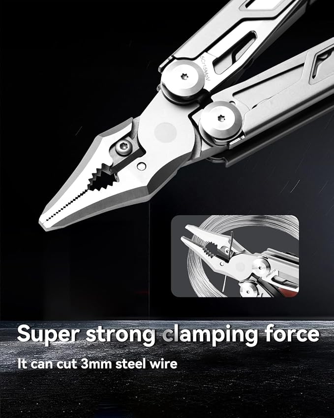 Multitool 15-in-1 Stainless Steel Multi Tool Pliers with Knife, Spring-Action Pliers and Scissors, Multitool for Survival, Camping, Hiking, Gifts for Men (Grey)