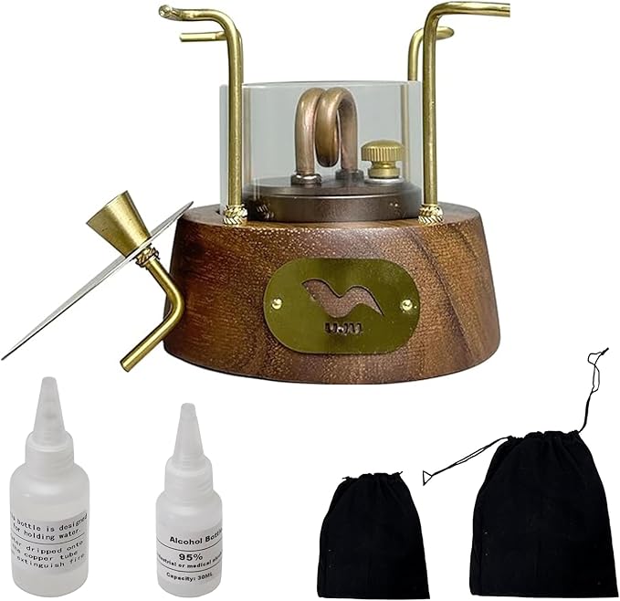 UJU Portable Alcohol Camping Stove Set with Wooden Base and Storage Bag, Wind-Resistant Outdoor Cooking Stove for Camping, Hiking and Travel