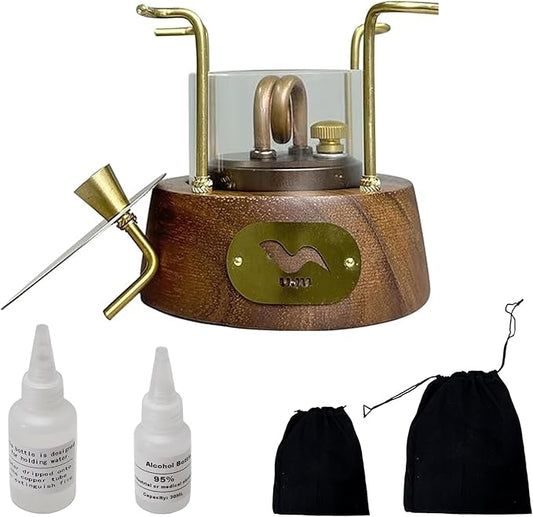 UJU Portable Alcohol Camping Stove Set with Wooden Base and Storage Bag, Wind-Resistant Outdoor Cooking Stove for Camping, Hiking and Travel