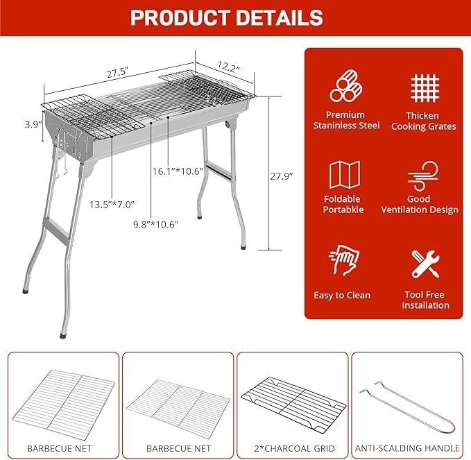 Outvita Portable Charcoal Grill, 28x 13 x 27" Foldable Barbecue Grill, Stainless Steel BBQ Grill for Outdoor Cooking Camping Hiking Picnic Garden Beach Party