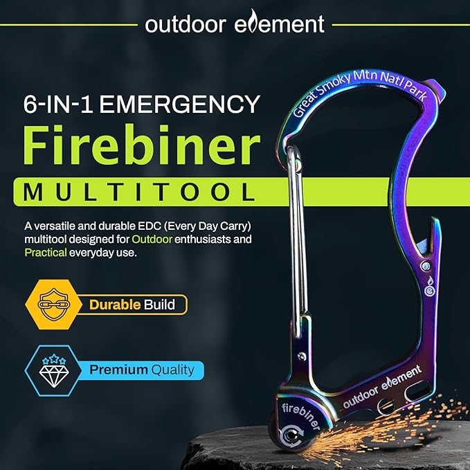 OUTDOOR ELEMENT Firebiner Custom Engraved 6-in-1 Fire Starter Carabiner Multitool – Survival Gear EDC Keychain with Utility Blade, Bottle Opener, Screwdriver, Emergency Tool