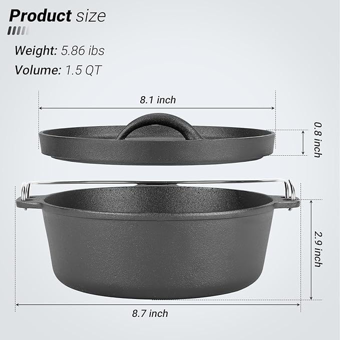 Northriver Casting Cast Iron Dutch Oven Pot with Lid, for Small Dishes, Side Dishes, Camping Cookware set, BBQ, Garlic Roaster, 1.5 Quart Pan
