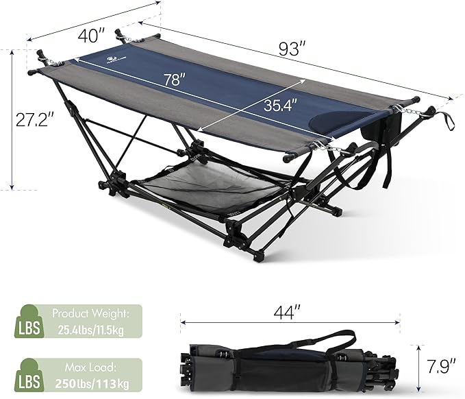 ALPHA CAMP Portable Hammock Bed with Stand, Foldable Lounge Camping Bed for Patio, Backyard, Garden, Poolside, Beach, Lawn, Porch Include Pillow, Storage Net, Side Pocket with Cup Holder