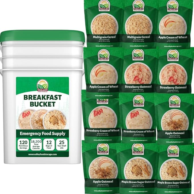 Valley Food Storage 120 Serving Breakfast Bucket | Emergency Food Supply with Easy Prep Breakfast Meals | 25 Year Shelf Life | Camping Food, Prepper Supplies & Long Term Storage | Packaged in USA