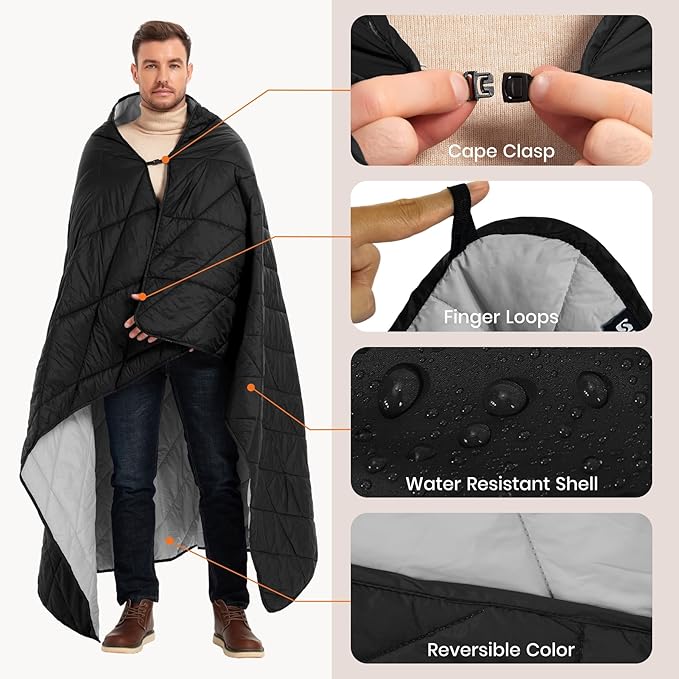 Ultralight Puffy Blanket, Outdoor Camping Blanket, Water-Resistant and Packable, Great for Camping, Stadium, Traveling, Backpacking, Picnic and Beach. 79"x55". Black.