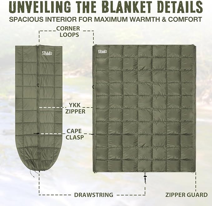 ZIPPIES 3M Thinsulate Insulation Puffy Camping Blanket for Cold Weather, Queen Size Warm Camping Quilt with Zipper, Waterproof Outdoor Sleeping Bag for Hammock, Cozy & Versatile Gift for Men and Women