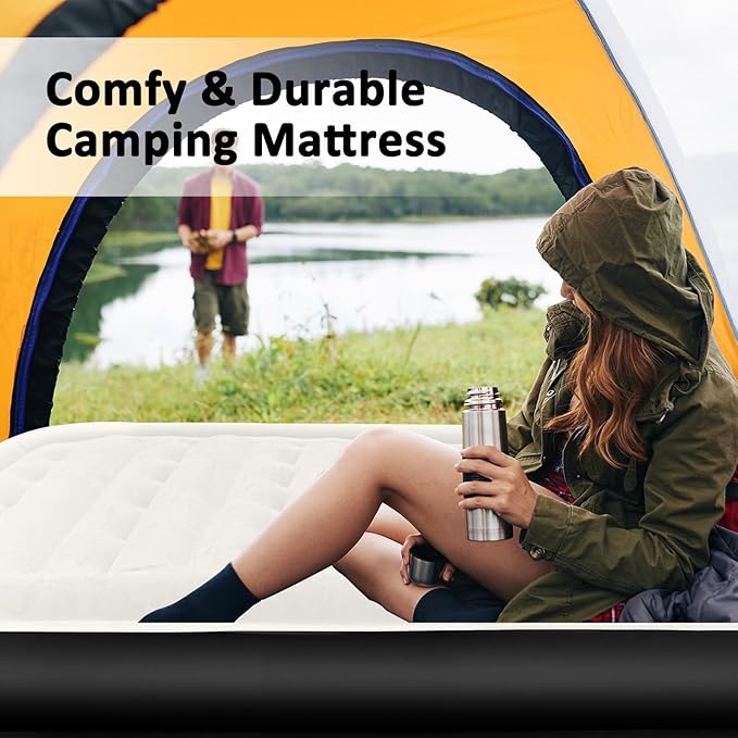 Queen Air Mattress with Built-in Pump, 16" Elevated Inflatable Bed for Home & Guests, Self-Inflating Blow Up Mattress with Flocked Top & Storage Bag, 660lb Max Weight, Matt Black