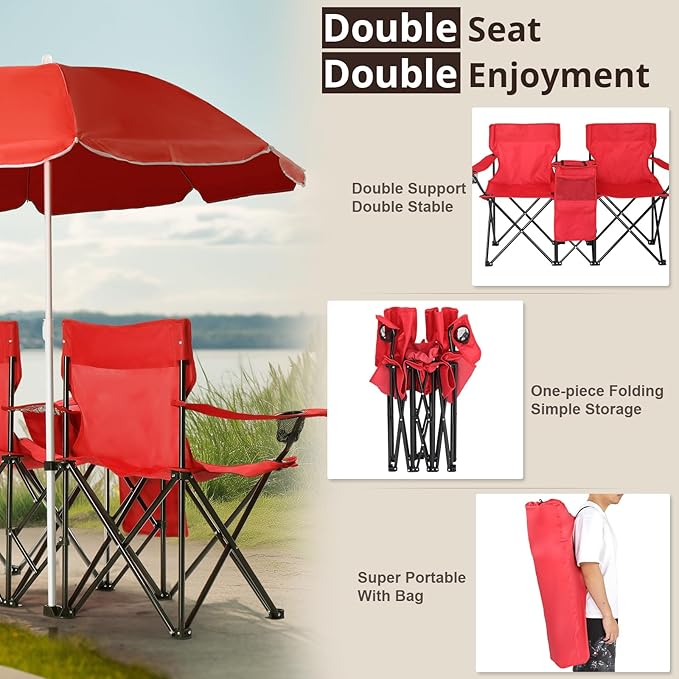 Outvita Folding Double Camping Chair w/Umbrella Beverage Holder Carrying Bag Cooler Fold Up Table, Large Bearing Capacity for Beach Patio Pool Park Outdoor Red