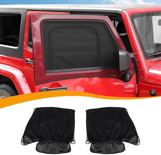 Hoolcar Front Window Sun Shade Covers Elasticized Breathable Mesh Car Side Window Screens Net UV Protection Sunshade with Storage Bags for 1997-2024 Jeep Wrangler TJ JK JL & Gladiator JT,2PCS