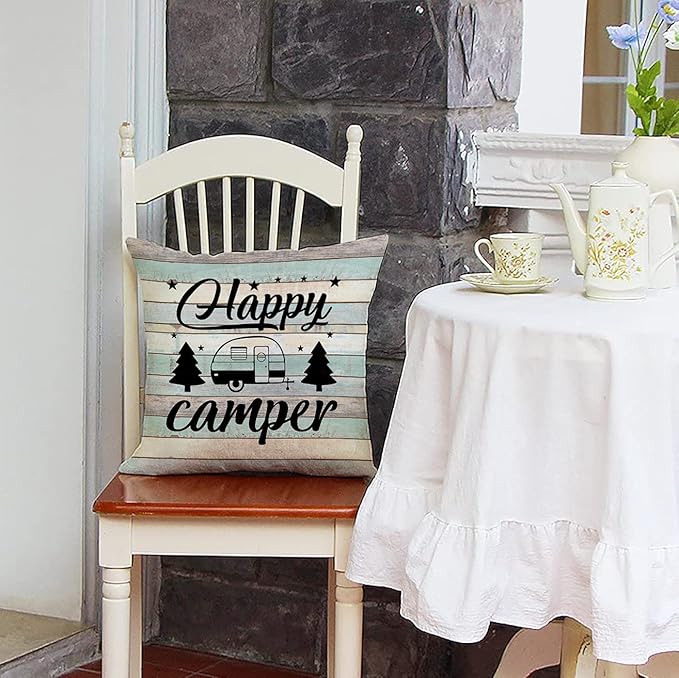 Happy Camper Pillow Covers Vintage Rustic Wood Background Inspirational Quotes Home Outdoor Decorative Throw Pillow Case Cushion Cover Set of 4 18" x 18"