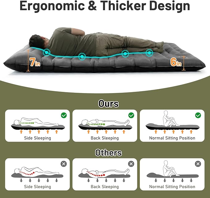 KASBAH Double Inflatable Camping Sleeping Pad,Thick 6 inch 2 Person Ultralight Sleeping Mat with Built-in Foot Pump and Pillow,Camping Essentials for Hiking,Backpacking,Traveling, Tent