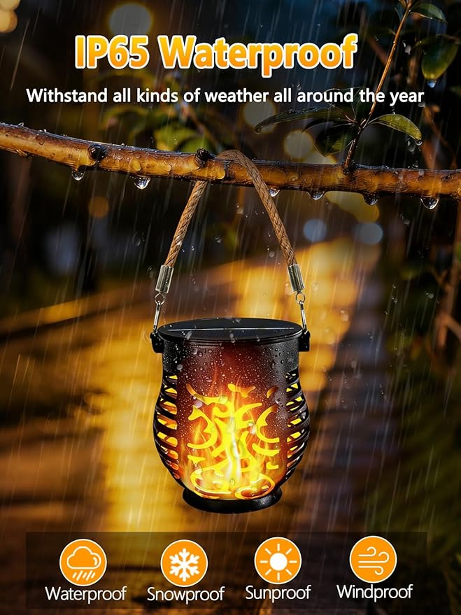 6 Pack Solar Lights Outdoor Waterproof, Solar Lantern with Realistic Flickering Flame, Auto On/Off Solar Powered Garden Light with Hemp Rope Handle for Outside Tree Patio Porch Camp Tabletop Decor