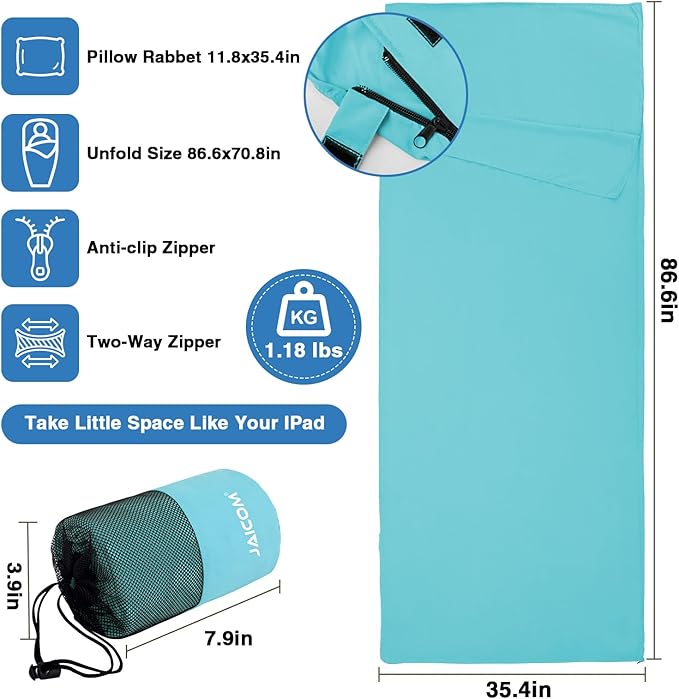 JAICOM Sleeping Bag Liner, Travel Sheets & Adult Sleep Sack, Ultralight and Portable Summer Sleeping Bag - Ideal for Backpacking, Hotels and Hostels, Business Trips, Camping