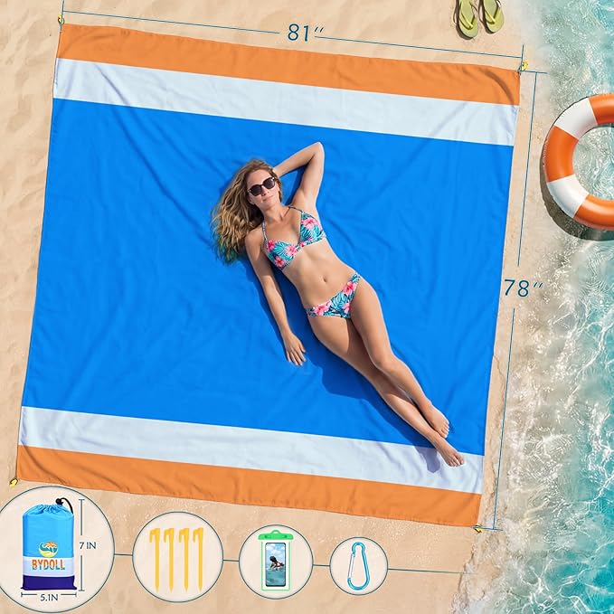 BYDOLL Beach Blanket 78''×81'' 4-7 Adults Oversized Lightweight Waterproof Sandproof Beach Blanket Large Picnic Mat for Travel Camping Hiking Picnic