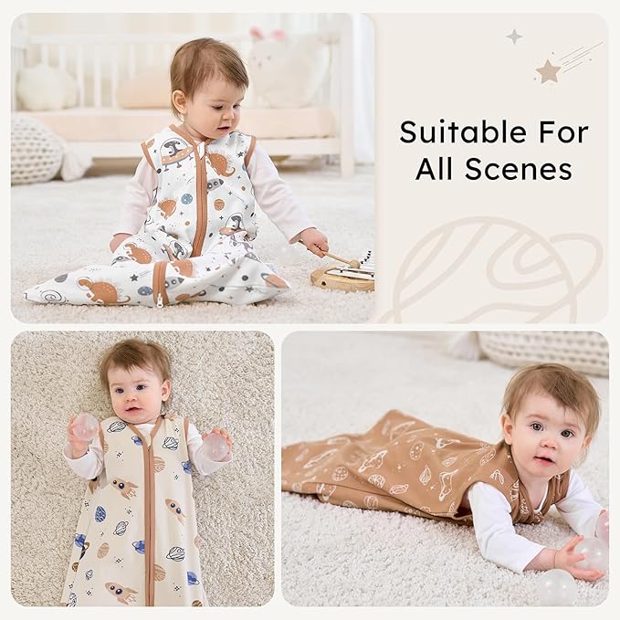 Baby Sleep Sack 0-6 months, 100% Cotton Sleeping Sack for Newborn and Infant, 3 Pack Baby Wearable Blanket for Boy and Girl, 0.5 Tog Lightweight Double Zipper Sleep Bag Coffee Dinosaur Planet