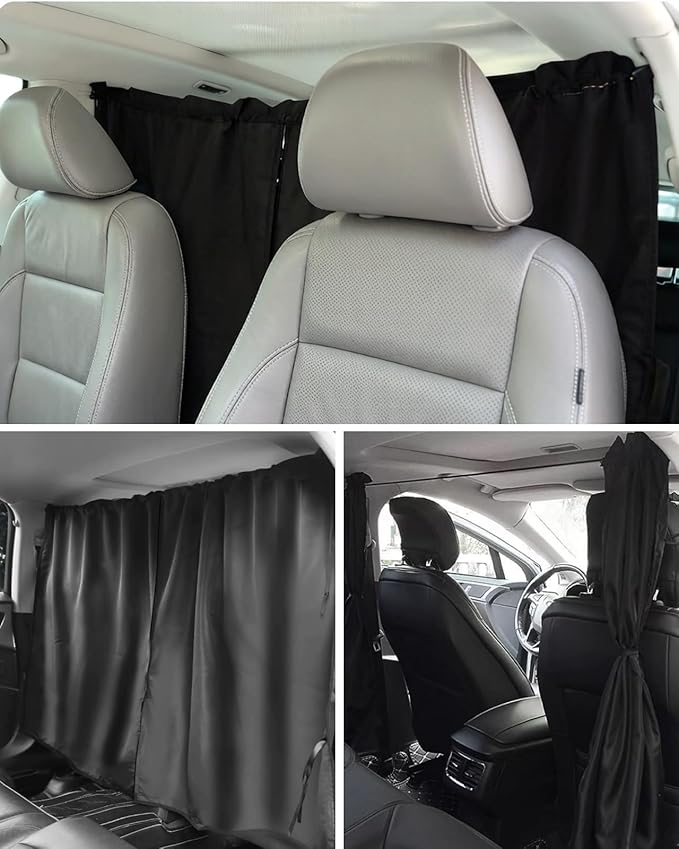 Car Privacy Curtains, Set of 3 Upgraded Double-Layer Large Size Car Divider Curtain+Side Window Sunshade with Storage Bag, High Privacy Curtains for Travel Camping Nap Sleeping (Black)