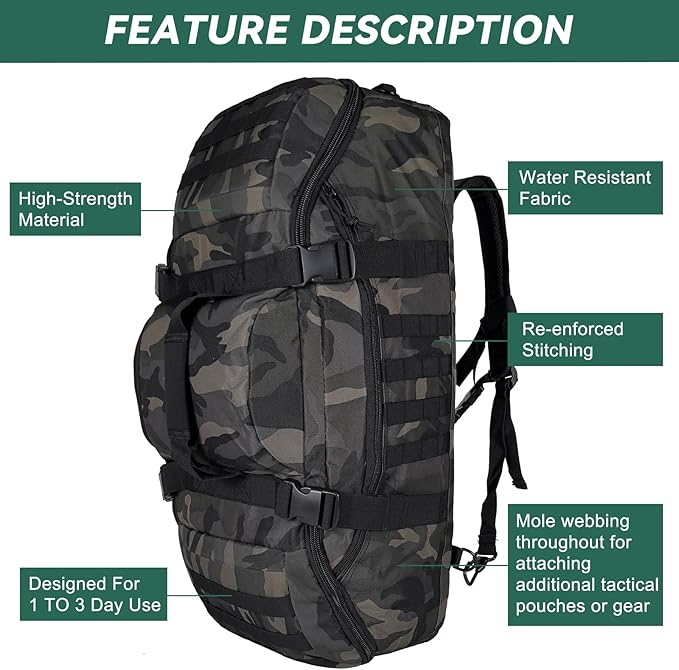 Hannibal Tactical 55L Large Duffle Bag, 3-in-1 Tactical Backpack MOLLE Pack for Gym, Sports, Outdoor, Black Camo