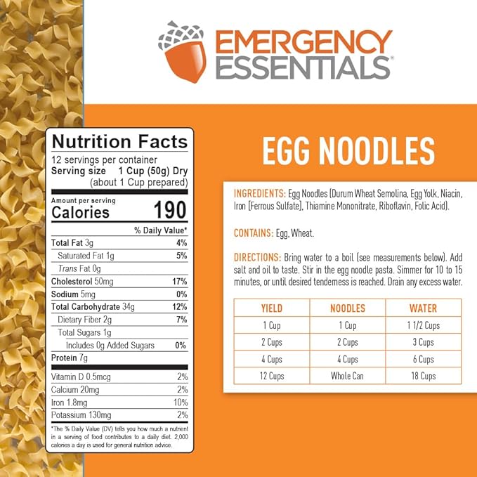 Emergency Essentials Egg Noodle Pasta #10 Can | Long Term Emergency Food Supply | Shelf Stable Survival Meal | 11 Servings | Non-GMO | Up to 30-Year Shelf Life