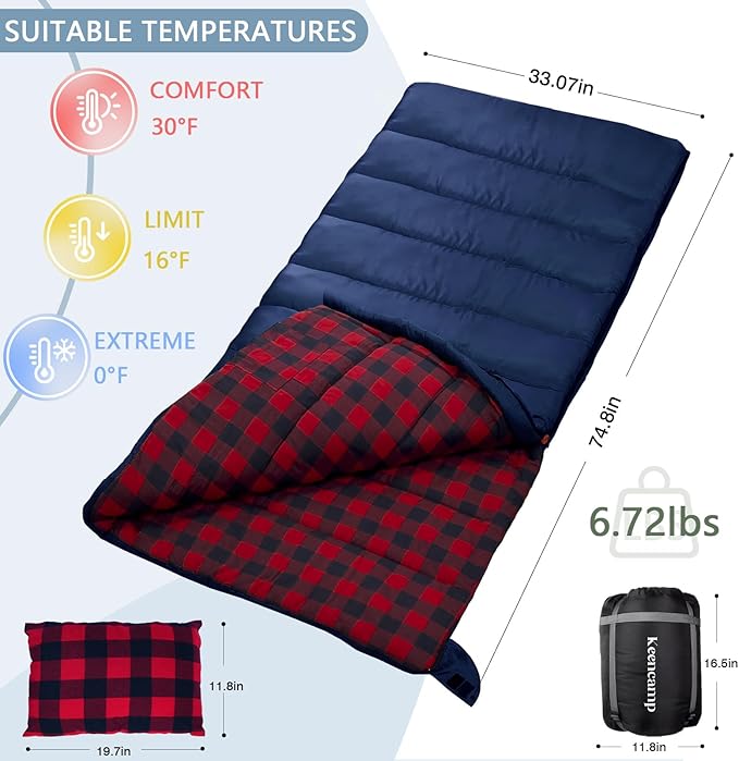Keencamp 0 Degree Sleeping Bag Cotton Flannel Winter Cold Weather for Adults XXL Sleeping Bag 4 Season Big and Tall with Pillow Compression Sack